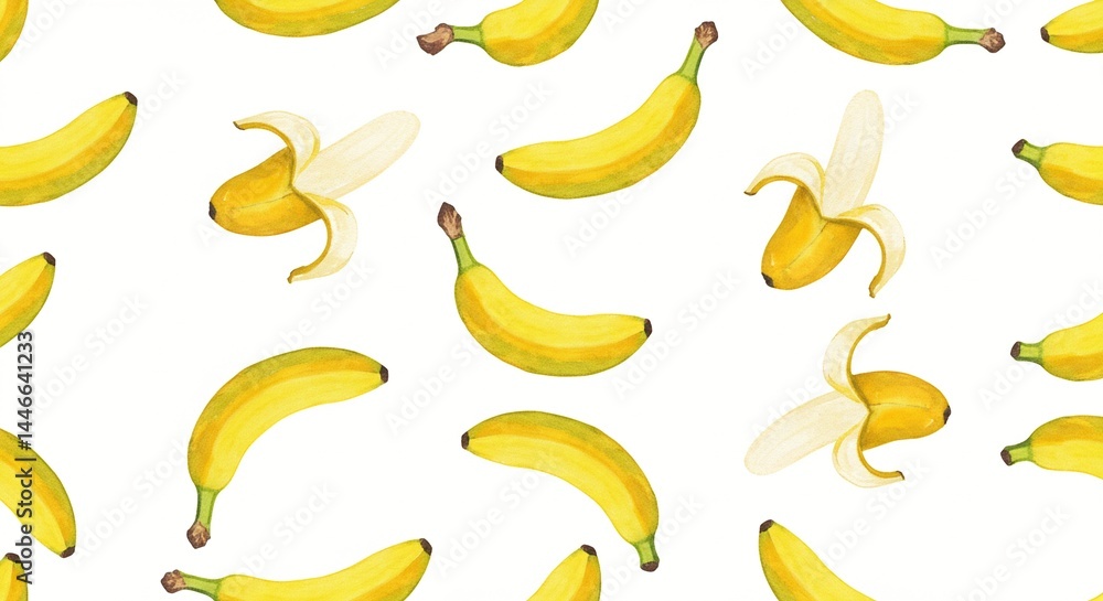 Vibrant yellow bananas create a playful, tropical pattern on a clean, white background. Vibrant yellow bananas create a playful, tropical pattern on a clean, white background.