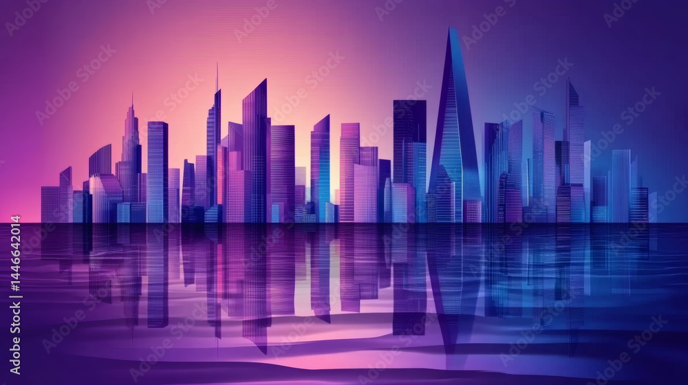Cityscape skyline architecture urban buildings reflection water modern purple blue vibrant design art view Cityscape skyline architecture urban buildings reflection water modern purple blue vibrant design art view