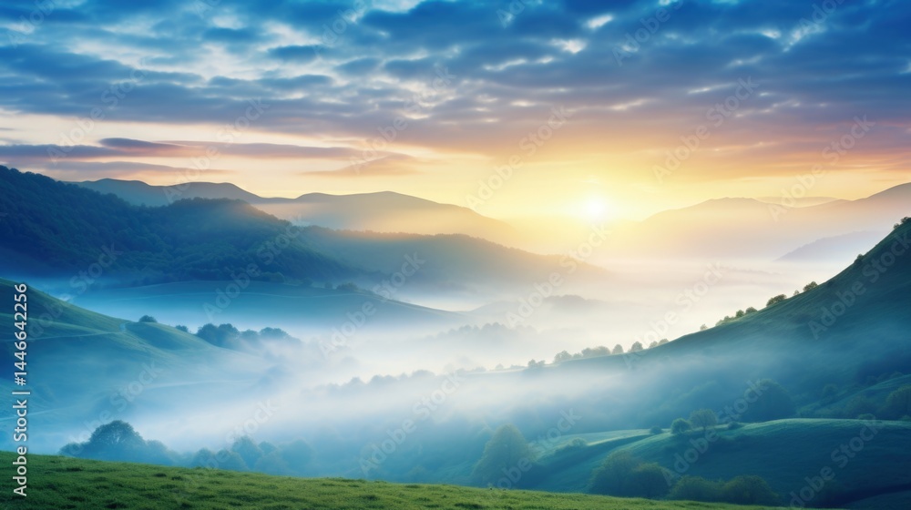 Fototapeta premium sunrise in the misty morning HD background wallpaper