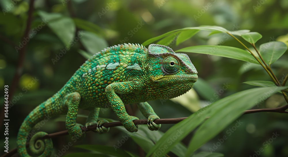 Chameleon on Branch: Vibrant Green Reptile in Lush Tropical Foliage Chameleon on Branch: Vibrant Green Reptile in Lush Tropical Foliage