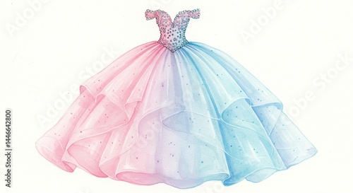 Elegant ball gown with bodice and layered skirt in pastel pink and blue hues