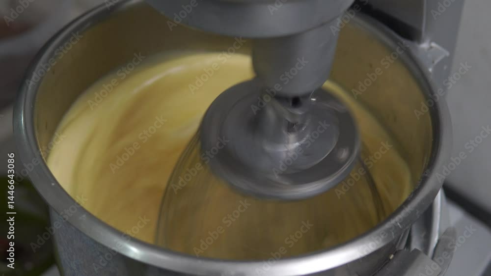 Mixing batter for cake in a metal bowl using a dough mixer in a kitchen setting. Mixing batter for cake in a metal bowl using a dough mixer in a kitchen setting.
