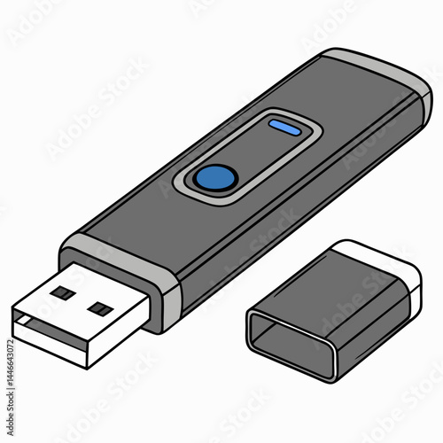 Isolated Isometric Gray Usb Drive Illustration With Lid Open Close Up