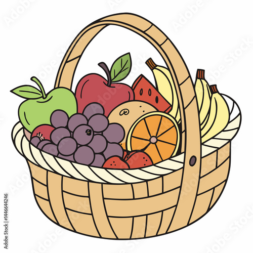 Cartoon Basket Full Of Fresh Fruits Colorful Vector Illustration