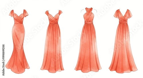 Watercolor Fashion Illustration: Four long flowing gowns of peach hue, varying bodices