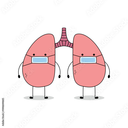 Cute lung organ cartoon character wearing a medical mask doodle