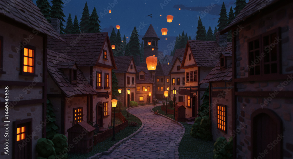 Naklejka premium Night lanterns village town fantasy lights buildings architecture evening sky trees scene cartoon