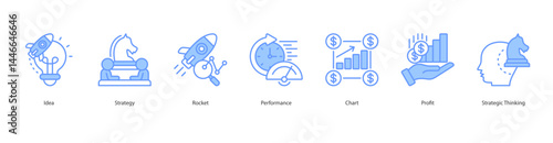 Strategic Growth icon sheet vector illustration idea, strategy, rocket, performance, chart, profit, strategic thinking