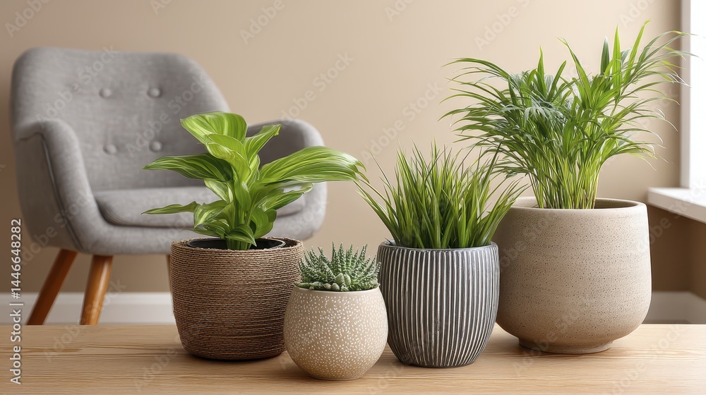 Fototapeta premium A collection of diverse houseplants enhances the ambiance of a bright sitting room Showcasing various plant textures and shapes - green succulents sunlit