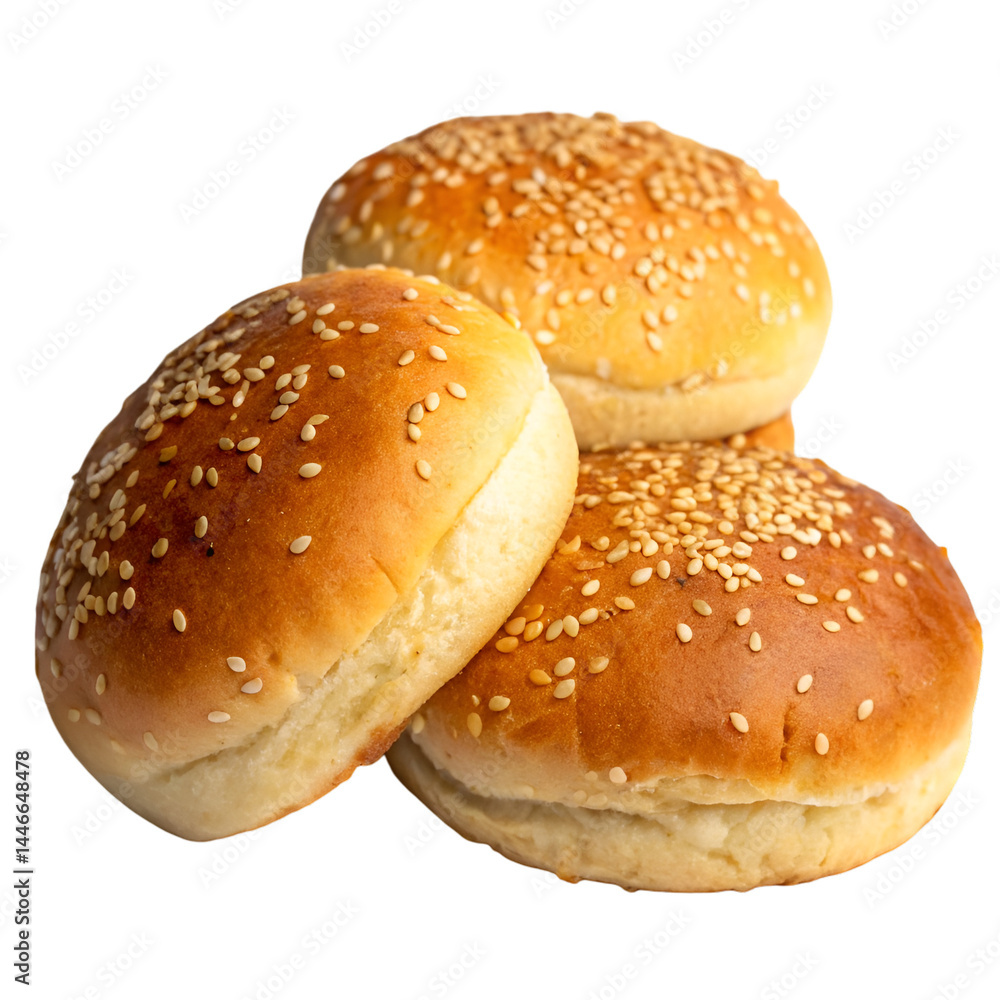 Fresh hamburger buns with golden crust and sesame seeds isolated on transparent background.
Fresh hamburger buns with golden crust and sesame seeds isolated on transparent background.