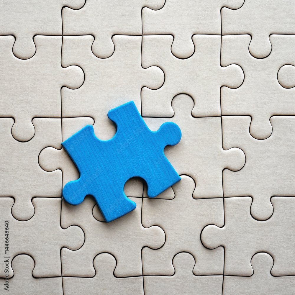 Fototapeta premium Blue puzzle piece is placed on top of nearly completed beige puzzle, symbolizing final step or missing part in project or idea, evoking sense of completion and focus