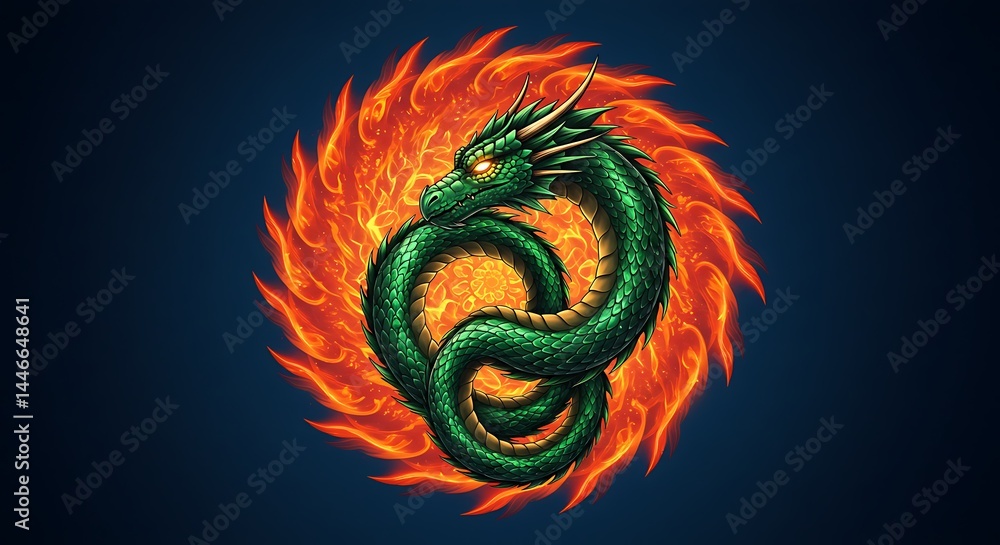 Obraz premium Illustrated Green Dragon Curled in a Fiery Circle on Dark Backdrop