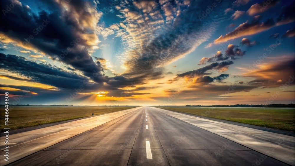 Naklejka premium Asphalt Runway Extending Towards a Dramatic Sunset Sky with Vibrant Colors and Moody Clouds