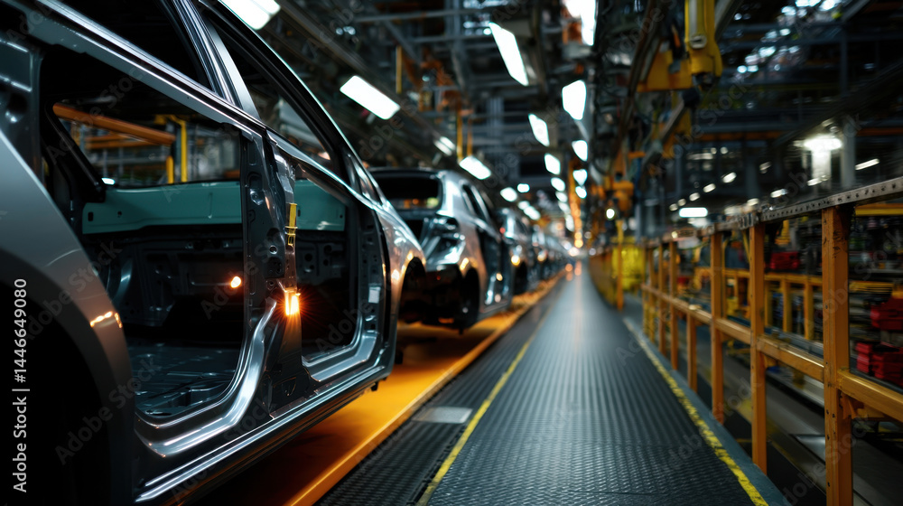 Car assembly line in modern factory with partially assembled vehicles and robotic arms, showcasing advanced automobile industry manufacturing and technology in spacious industrial environment Car assembly line in modern factory with partially assembled vehicles and robotic arms, showcasing advanced automobile industry manufacturing and technology in spacious industrial environment