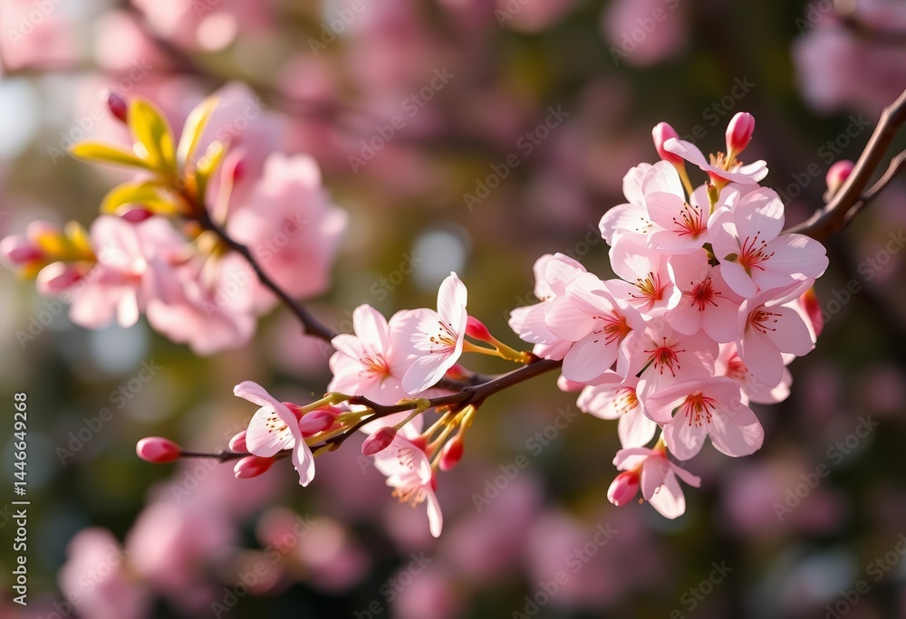 Obraz premium Delicate pink sakura blossoms on a young cherry tree, gentle morning light, cherry blossom, peaceful