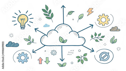 Cloud computing concept with hand drawn arrows and nature elements, symbolizing eco friendly technology and innovation with light bulb and gear icons