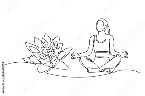 Continuous one line drawing of Young Woman doing yoga with lotus flower. Single line drawing illustration of Woman doing yoga. Fitness and gym concept vector art. Doodle line illustration.