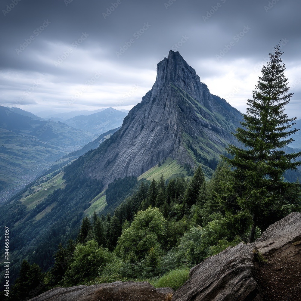 Obraz premium Misty mountain peaks, dramatic cloudscape, scenic landscape, serene nature - overcast landscape mist