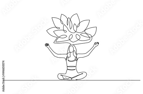 Continuous one line drawing of Young Woman doing yoga with lotus flower. Single line drawing illustration of Woman doing yoga. Fitness and gym concept vector art. Doodle line illustration.