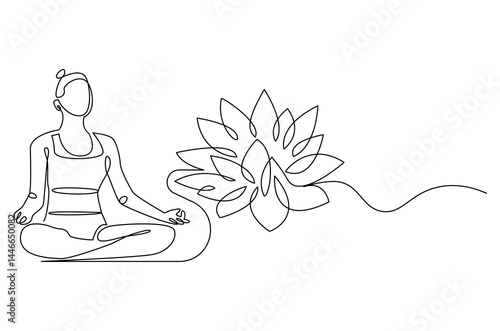 Continuous one line drawing of Young Woman doing yoga with lotus flower. Single line drawing illustration of Woman doing yoga. Fitness and gym concept vector art. Doodle line illustration.