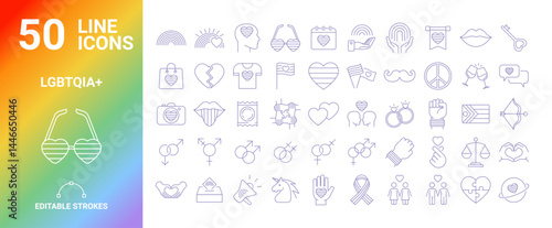 Gay pride month icon collection set of 50, celebrate diversity with LGBTQ symbols, simple outline vector design	