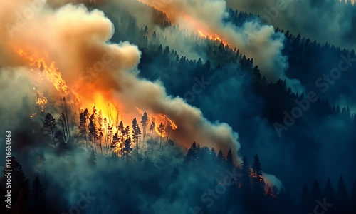 Wallpaper Mural Aerial view of a forest fire, with smoke and flames in the middle of green pine trees. A drone shot captures the intensity as thick white clouds billow from beneath each burning tree Torontodigital.ca