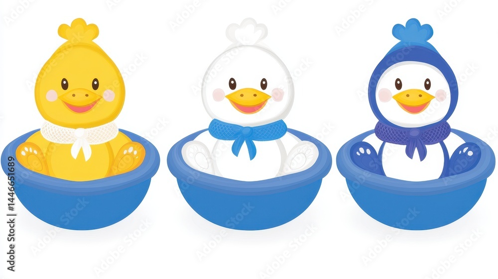 Charming trio of cartoon animal characters showcasing a whimsical yellow duck a pure white duck and an endearing blue penguin in vibrant buckets Charming trio of cartoon animal characters showcasing a whimsical yellow duck a pure white duck and an endearing blue penguin in vibrant buckets