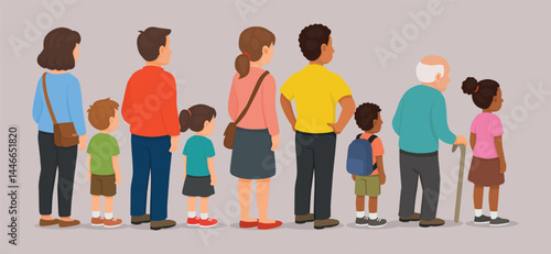 Side view of a group of people queuing in line including a mix of men, women, children, and people of different ethnic backgrounds