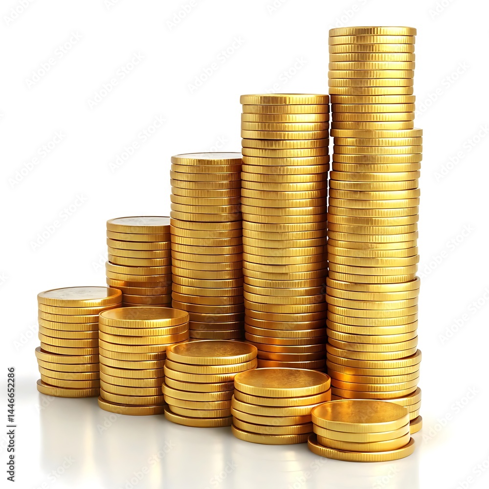 Stacks of golden coins money growth concept isolated on white background Stacks of golden coins money growth concept isolated on white background