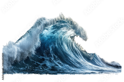Fototapeta Naklejka Na Ścianę i Meble -  Dramatic depiction of a large ocean wave surging forward, its frothy crest reaching towards the viewer, contrasted by calm water below.