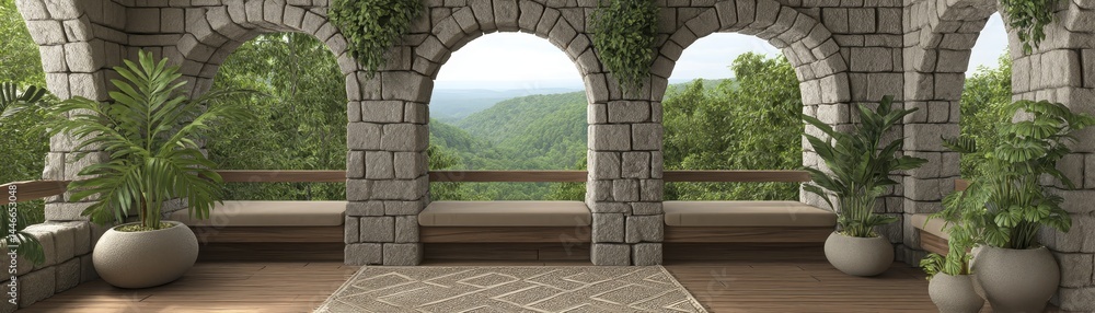 Fototapeta premium Serene meditation on a secluded jungle terrace, overlooking lush foliage - green lush hidden tranquility secluded