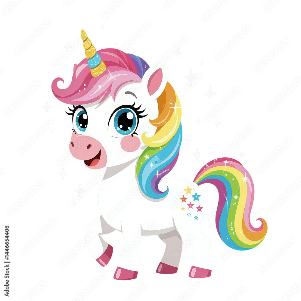 Naklejka premium Cute Rainbow Unicorn with Stars, Transparent Background