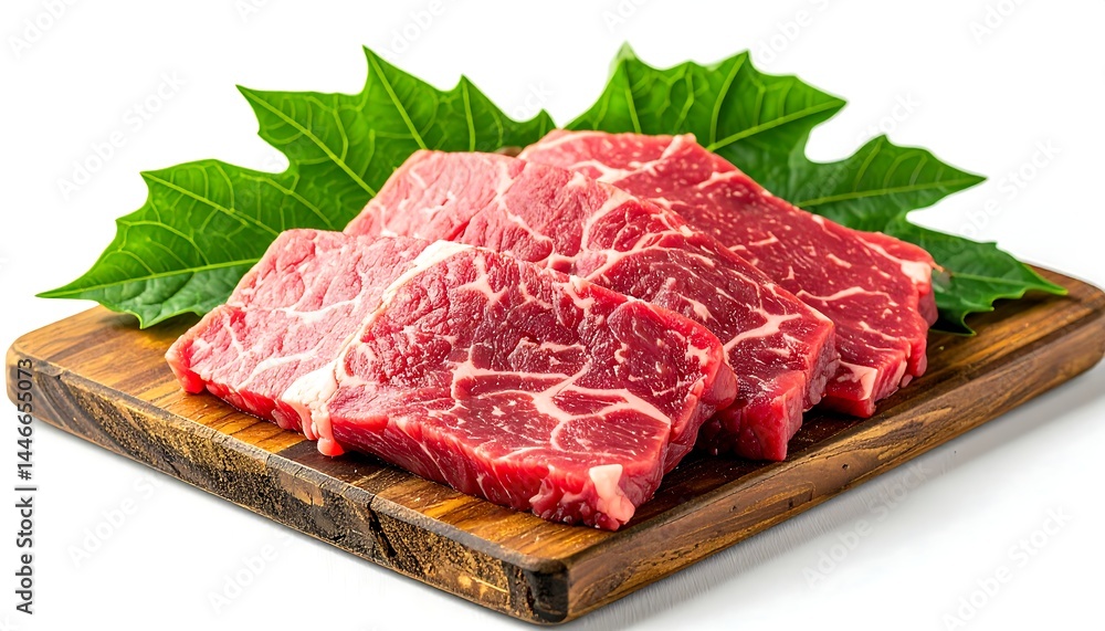 Fototapeta premium Raw Meat on Wooden Board with Papaya Leaf