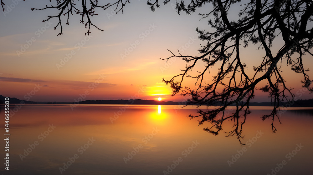 Fototapeta premium Serene sunset reflects on calm water, framed by silhouetted tree