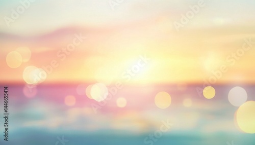 Abstract Golden Hour Sunset Over the Ocean with Blurred Bokeh Lights and Soft Pastel Colors Creating a Peaceful and Dreamy Beach Scene