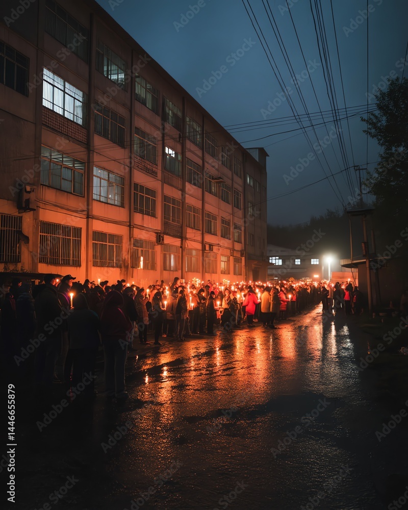 Fototapeta premium Nighttime crowd holding candles outside building