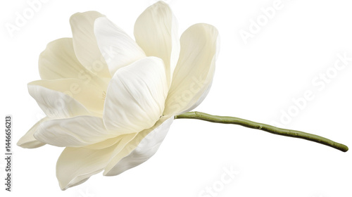 Single, exquisite white flower, featuring soft, overlapping petals, displayed against a muted color background. The flower's stem and gentle curves are noticeable.