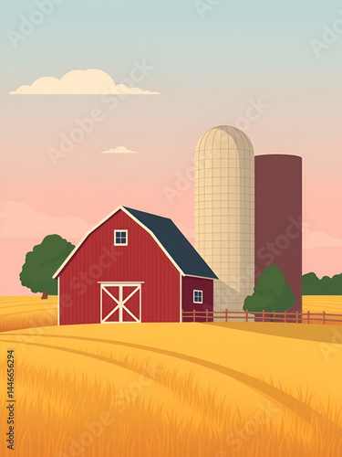 A simple flat illustration of a barn and silo in the Midwest during harvest season, symbolizing America's heartland