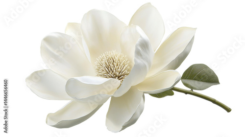 Highly detailed, close-up illustration of a magnolia bloom, showcasing its soft white petals and intricate center.
