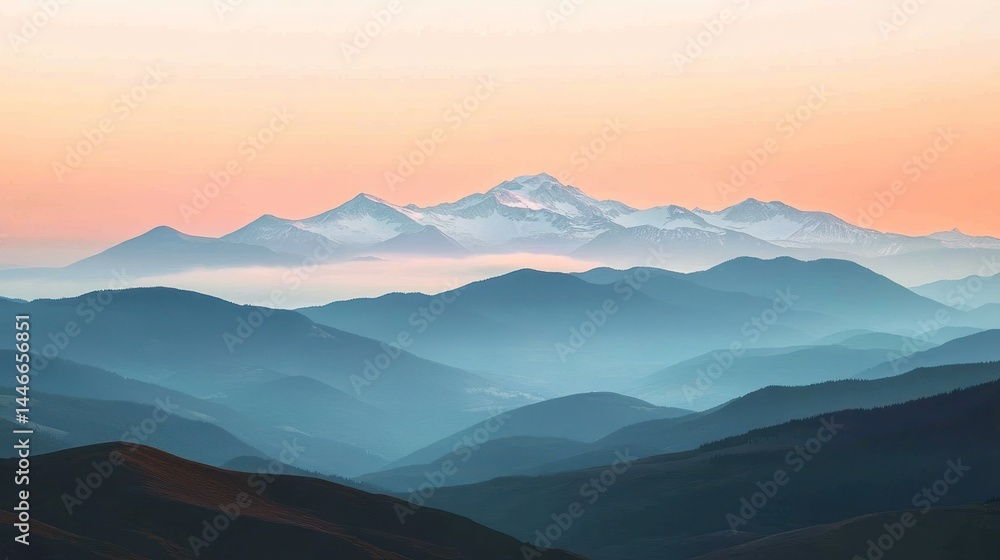 Serene, misty mountain range at sunrise, showcasing layers of blue peaks and a snow-capped summit under a soft, peachy sky Serene, misty mountain range at sunrise, showcasing layers of blue peaks and a snow-capped summit under a soft, peachy sky