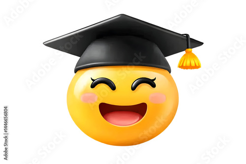 Happy Graduation Emoji Illustration With Graduation Cap, 3D Emoji With Transparent Background