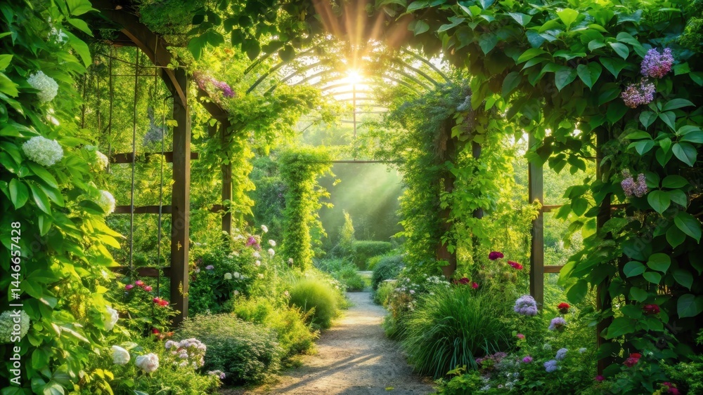Fototapeta premium Sunlit Garden Path Under Lush Vine Covered Arbor