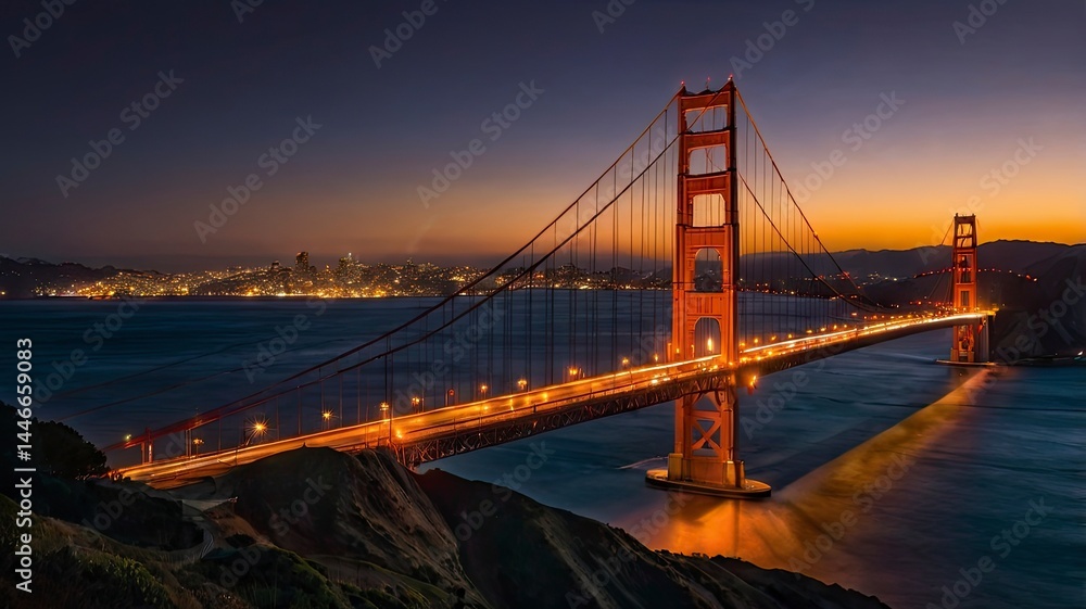 Fototapeta premium View of the Golden Gate Bridge at night illuminated by lights. Seen from the hill