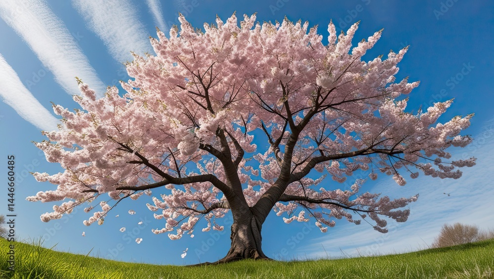 Cherry blossom trees growing in the meadow are seen from below and show the blue and cloudy sky. Cherry blossom trees growing in the meadow are seen from below and show the blue and cloudy sky.