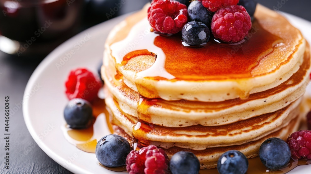 Stack of fluffy pancakes adorned with fresh berries and drizzled with syrup Stack of fluffy pancakes adorned with fresh berries and drizzled with syrup