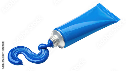 Blue paint tube with glossy paint squeezed out in smooth swirl, showing vibrant color and shiny texture on transparency background