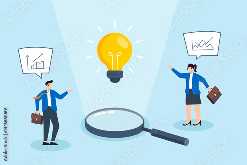Flat illustration of business people discovering bright idea under magnifying glass spotlight teamwork innovation creativity and solution insight