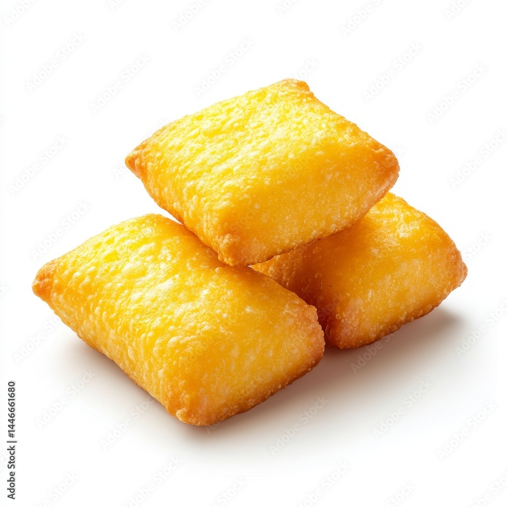 Golden, crispy, bite-sized treats stacked Golden, crispy, bite-sized treats stacked