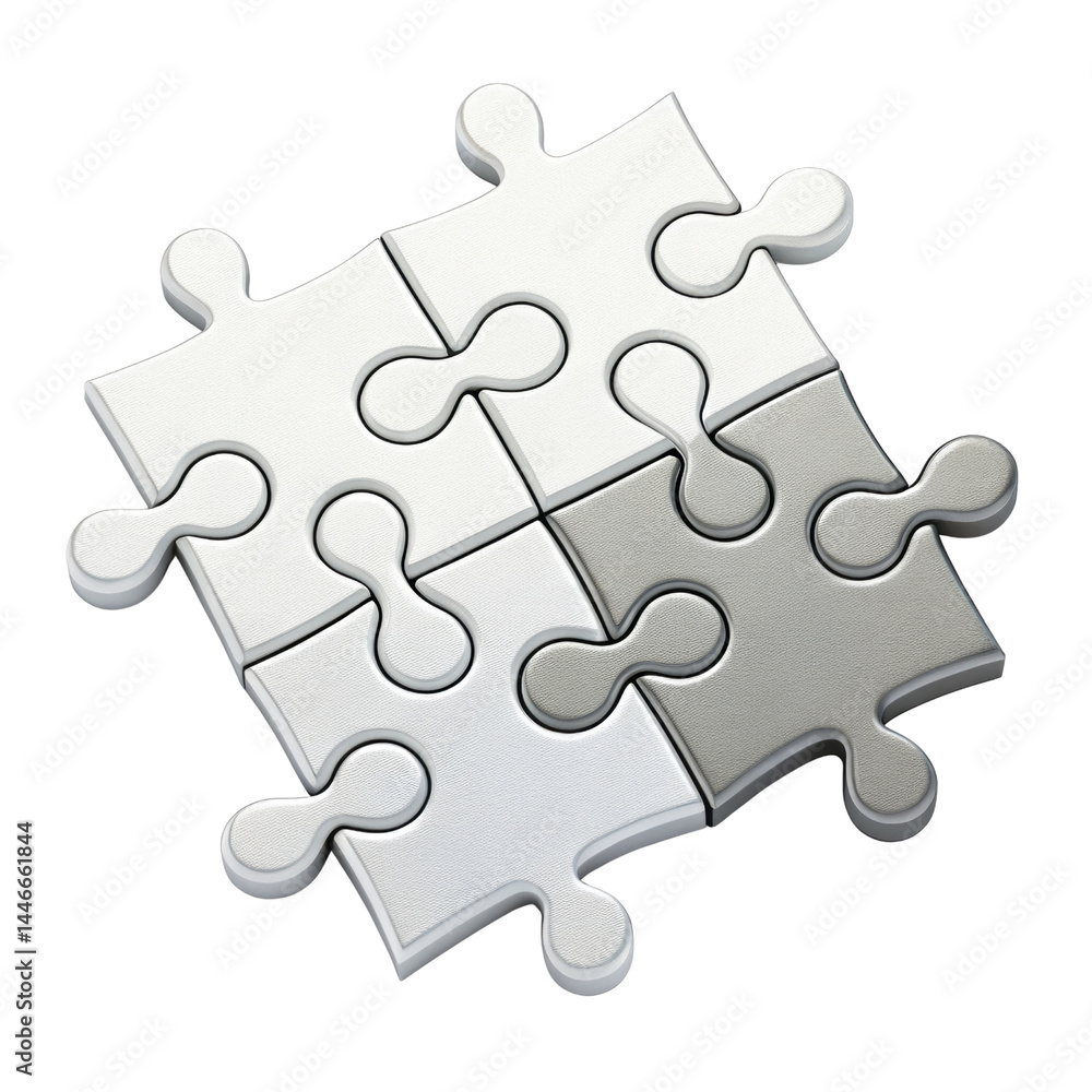 Four connected puzzle pieces in white and gray colors fit together perfectly, symbolizing unity and problem solving in clean and simple design Four connected puzzle pieces in white and gray colors fit together perfectly, symbolizing unity and problem solving in clean and simple design