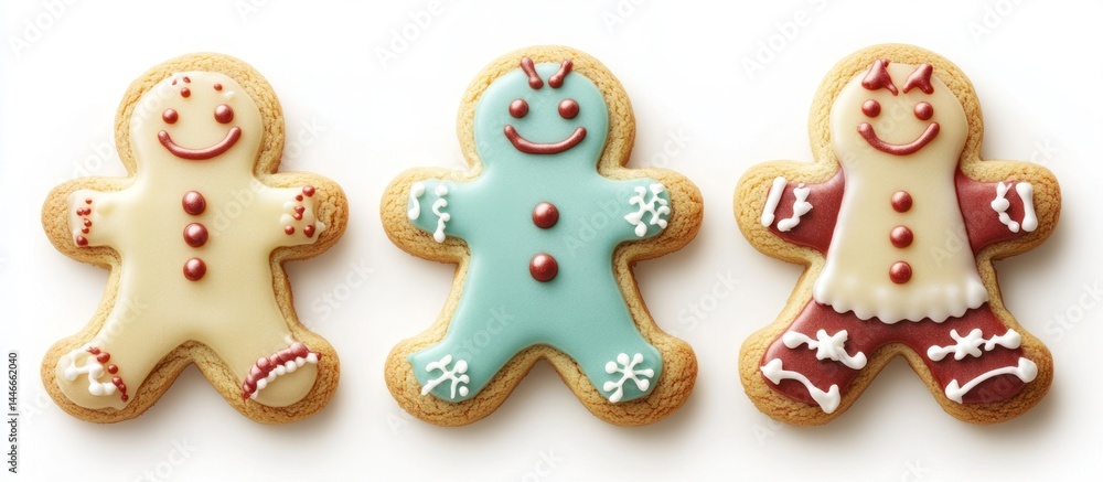 Three gingerbread men cookies isolated, festive holiday sweet treats on white background Three gingerbread men cookies isolated, festive holiday sweet treats on white background